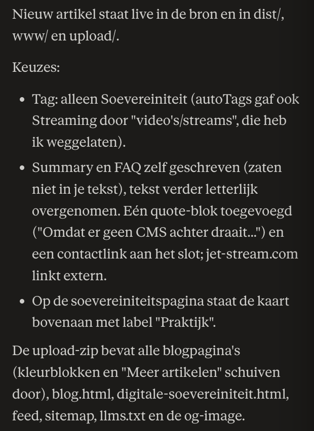 Antwoord van de LLM: het artikel staat live, met de gemaakte keuzes over tags, samenvatting, FAQ en de inhoud van de upload.