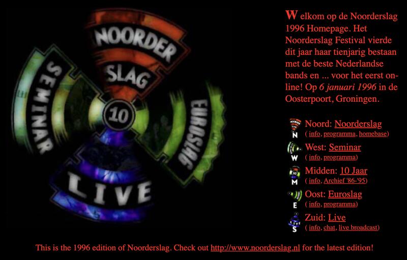 1996: het festival online: Het maximale uit Netscape halen: een grafisch rijke online festivalervaring met ontwerp, concertfoto's, videofragmenten en een livestream.