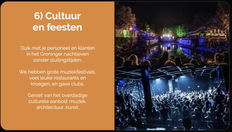 Pitch: cultuur en feesten: Nachtleven zonder sluitingstijden, grote festivals, restaurants, kroegen en clubs.