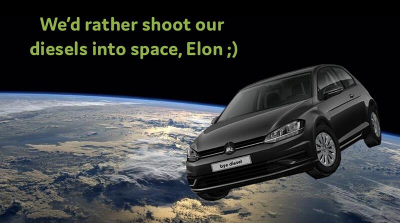 Liever onze diesels de ruimte in: De campagne bleef viraal door voortdurend plezier op social media. Dit was een knipoog naar de Tesla Roadster die de ruimte in werd geschoten.